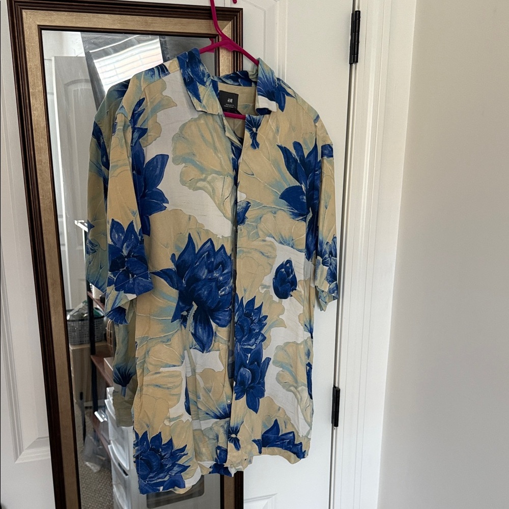 H&M Beige and Blue Floral Shirt
